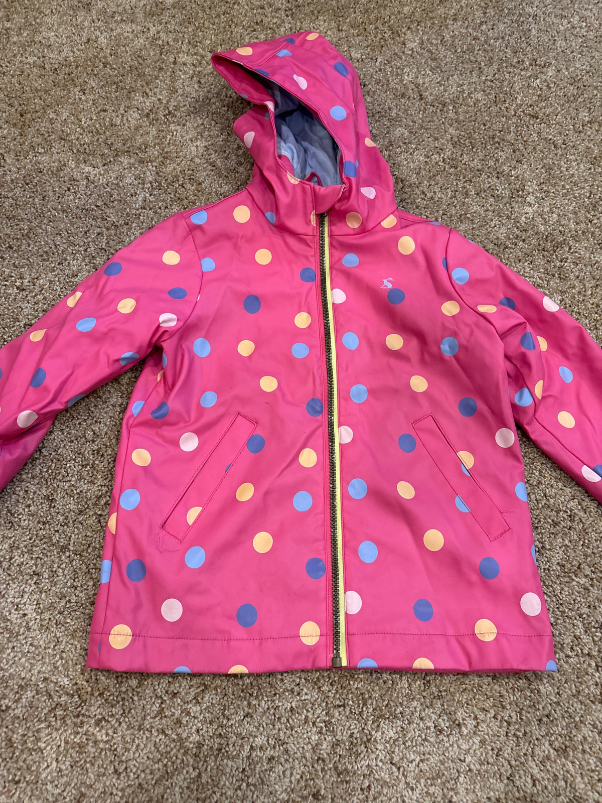 #47, girls 5T, Joules Right as Rain pink polka dot raincoat