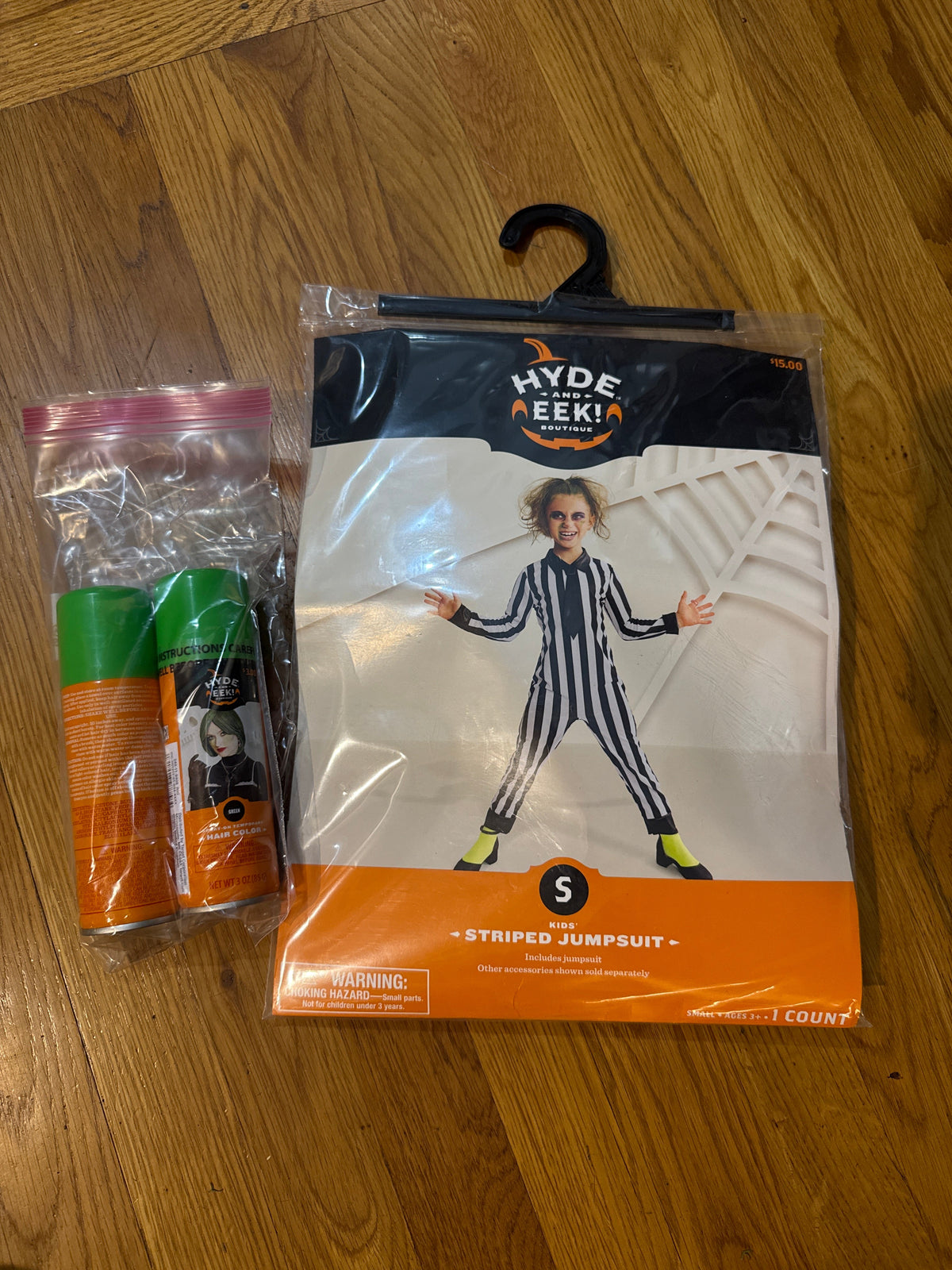 Seller # 152 - size small Beetlejuice costume plus 2 cans of green hair color soray