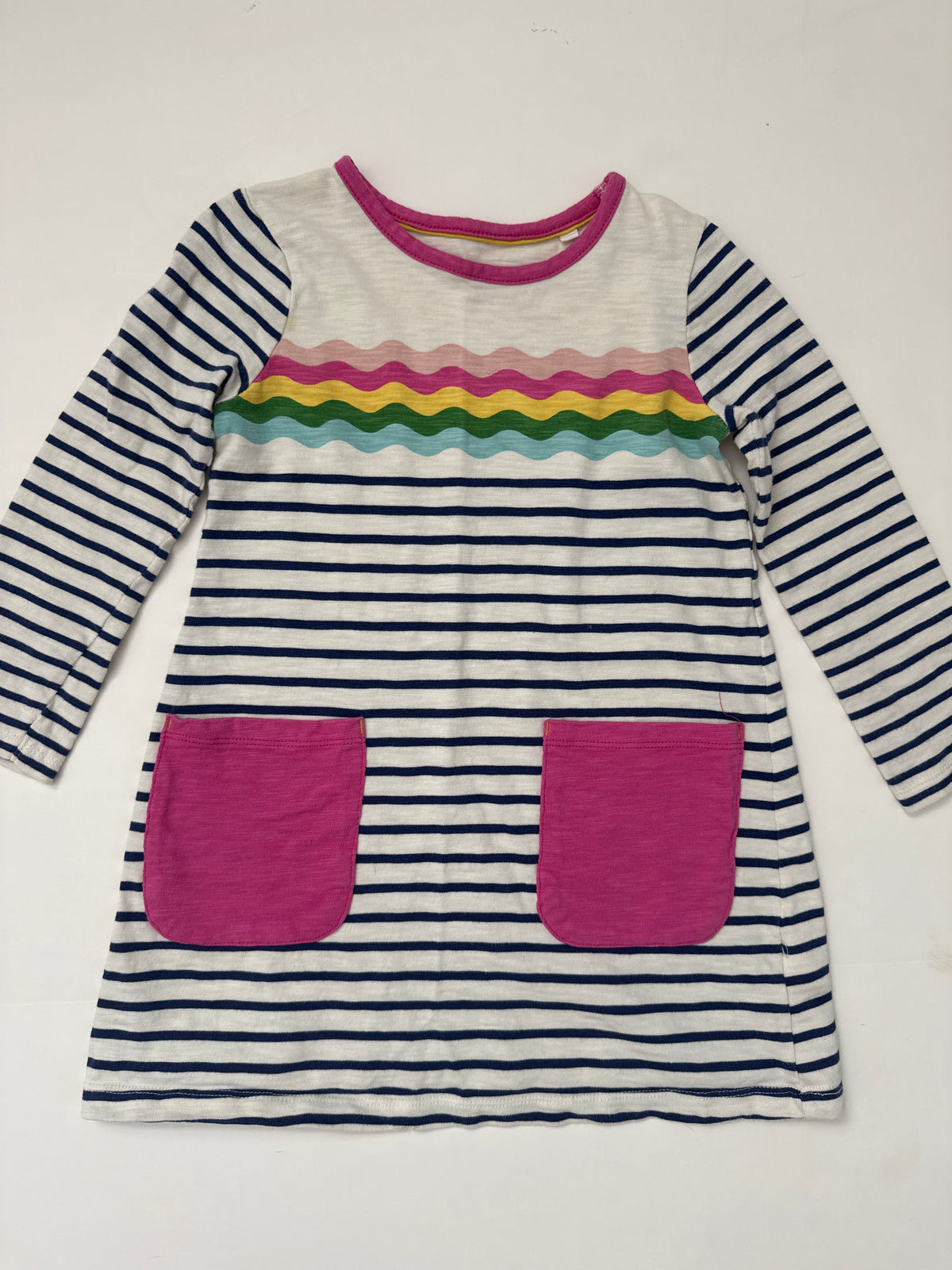 #64 Boden Rainbow Striped Dress (tiny stain) Size 5-6Y