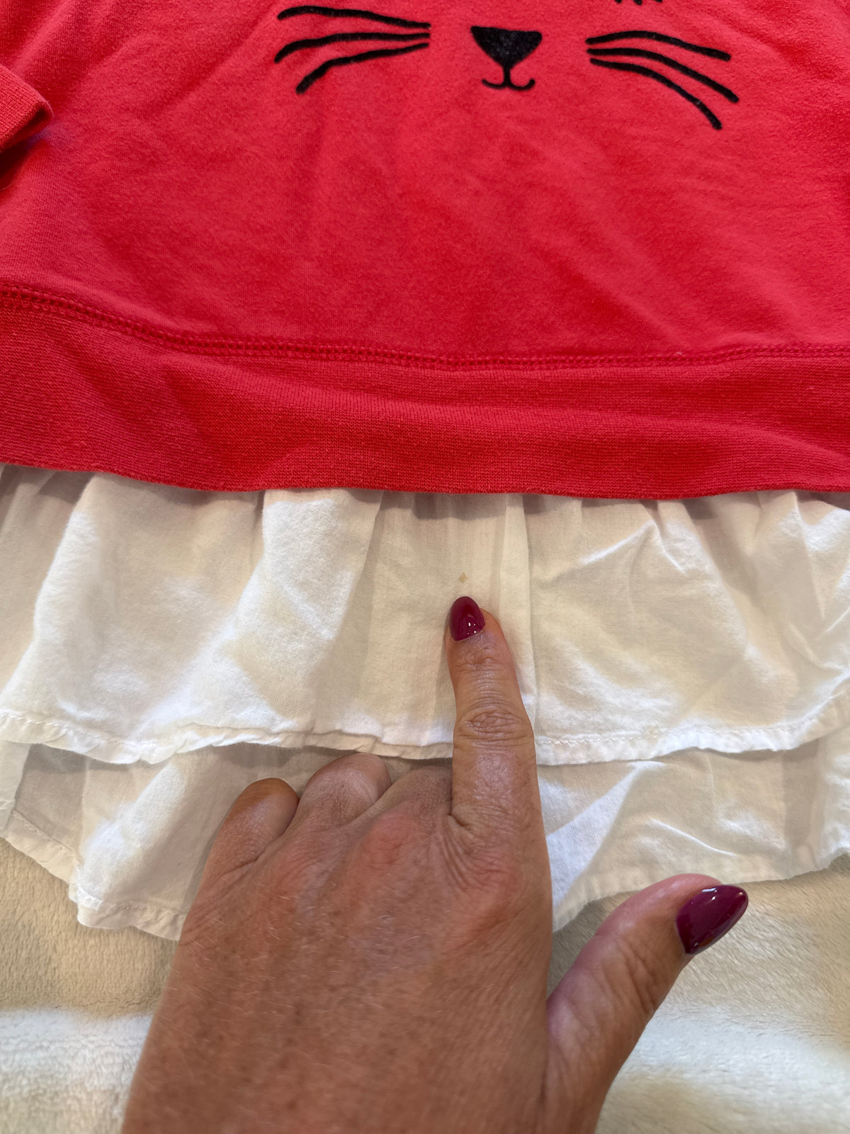 #81 Girls 5 Tucker and Tate sweatshirt with built in white ruffle under shirt (it’s attached to the bottom only) one small spot see all pictures