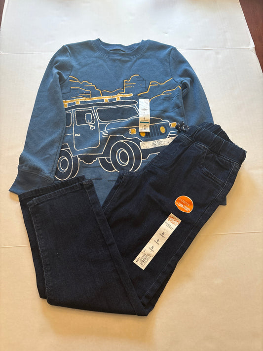 Seller 118 NWT Boys Jumping Beans Jeep waffle shirt and elastic waist jeans. Size 6