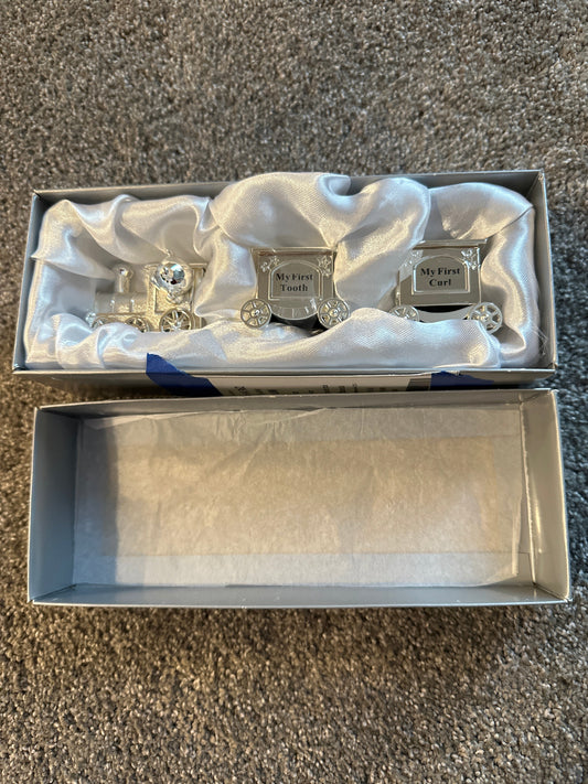 #133 Baby’s First Tooth and First Curl Silver Train New in Box