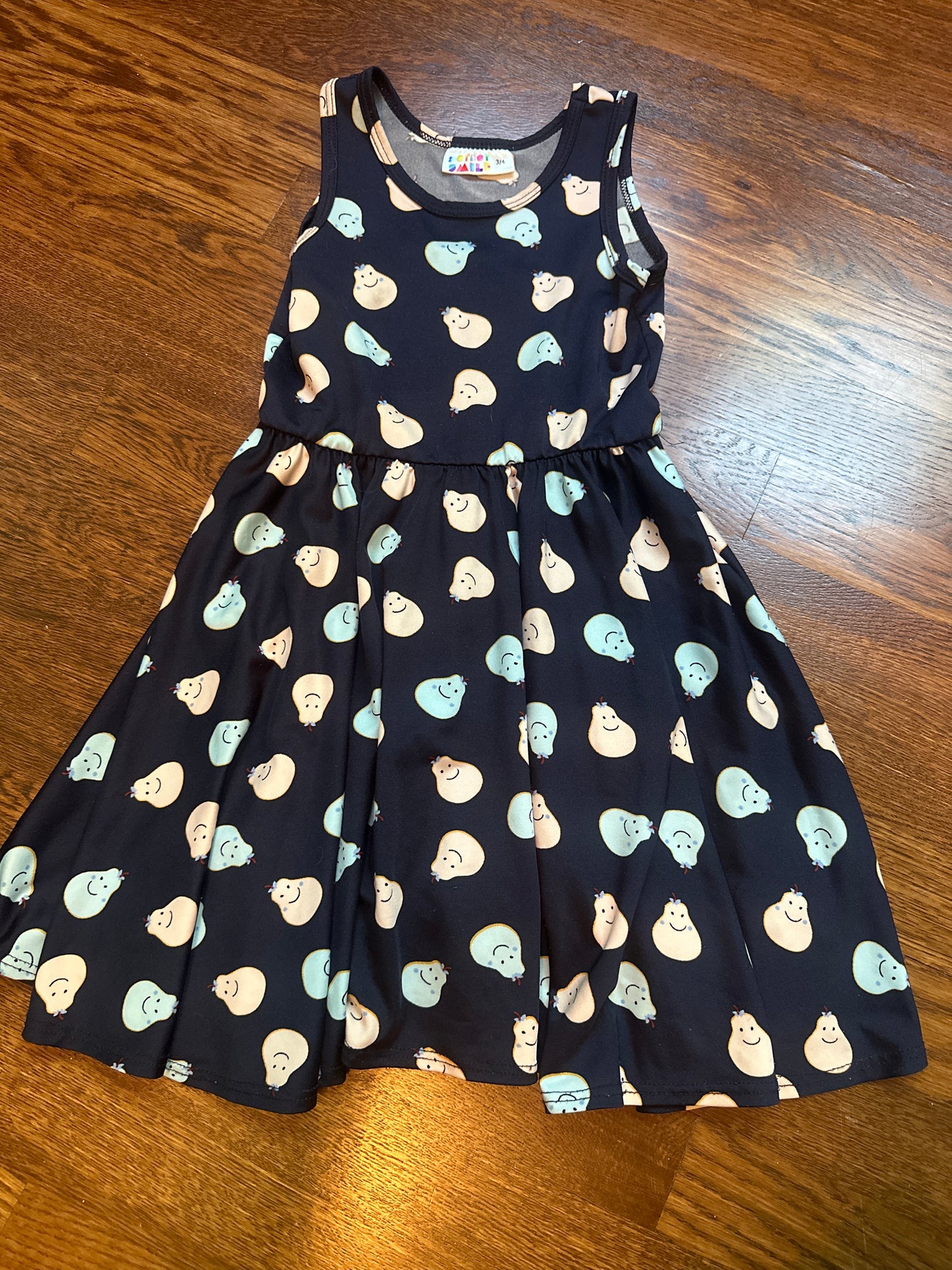 Girls 3/4 Dot Dot Smile navy with pears twirl dress