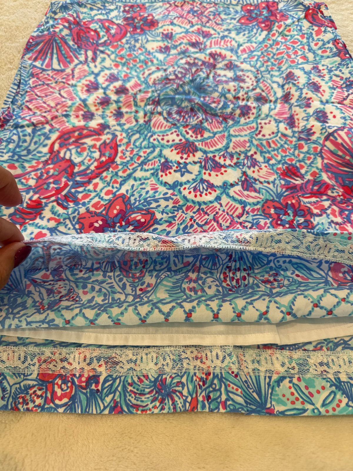 #81 Girls 5 Lilly Pulitzer Lobser dress small imperfection in photos- the hem is out but a simple hem tape can fix it