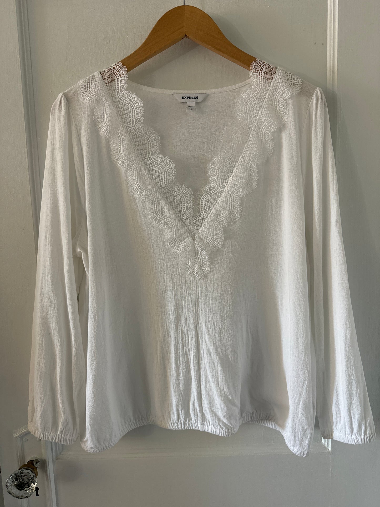 Express Long Sleeve Lace Trimmed V-Neck Blouse, Size L, Like New, PPU Norwood