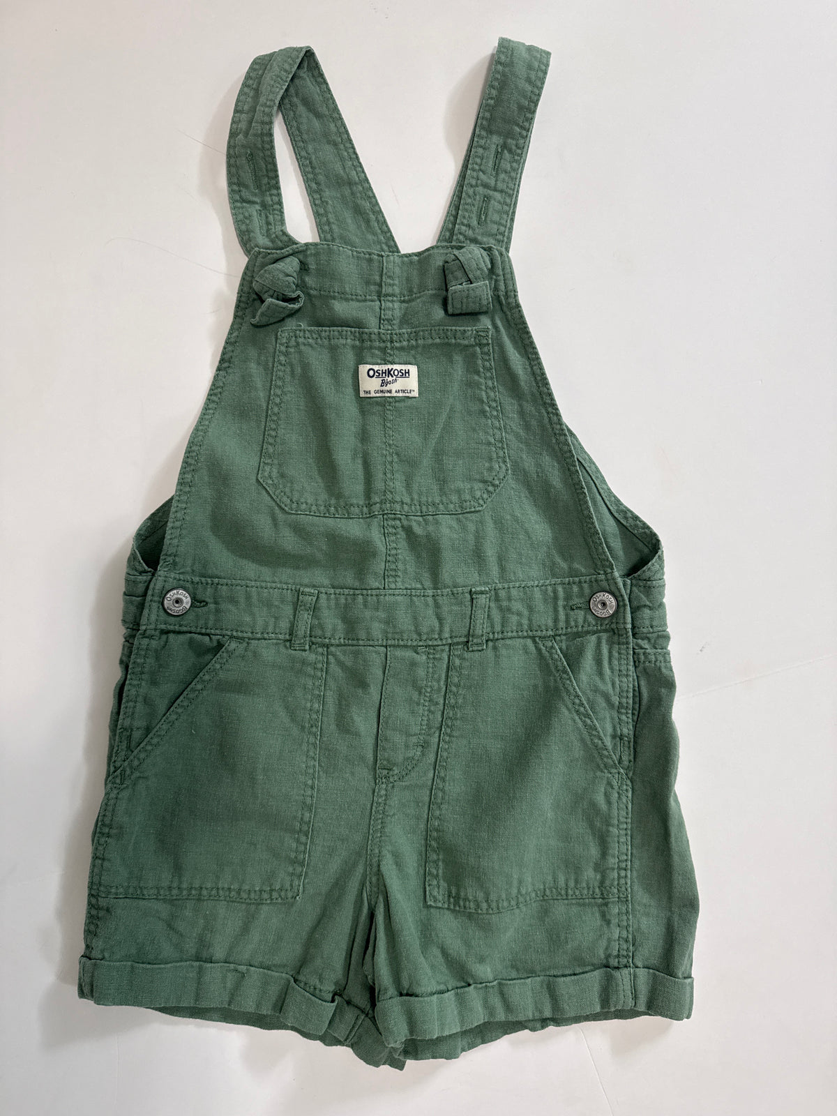 #64 Oshkosh Green Linen Overall Shorts Size 7