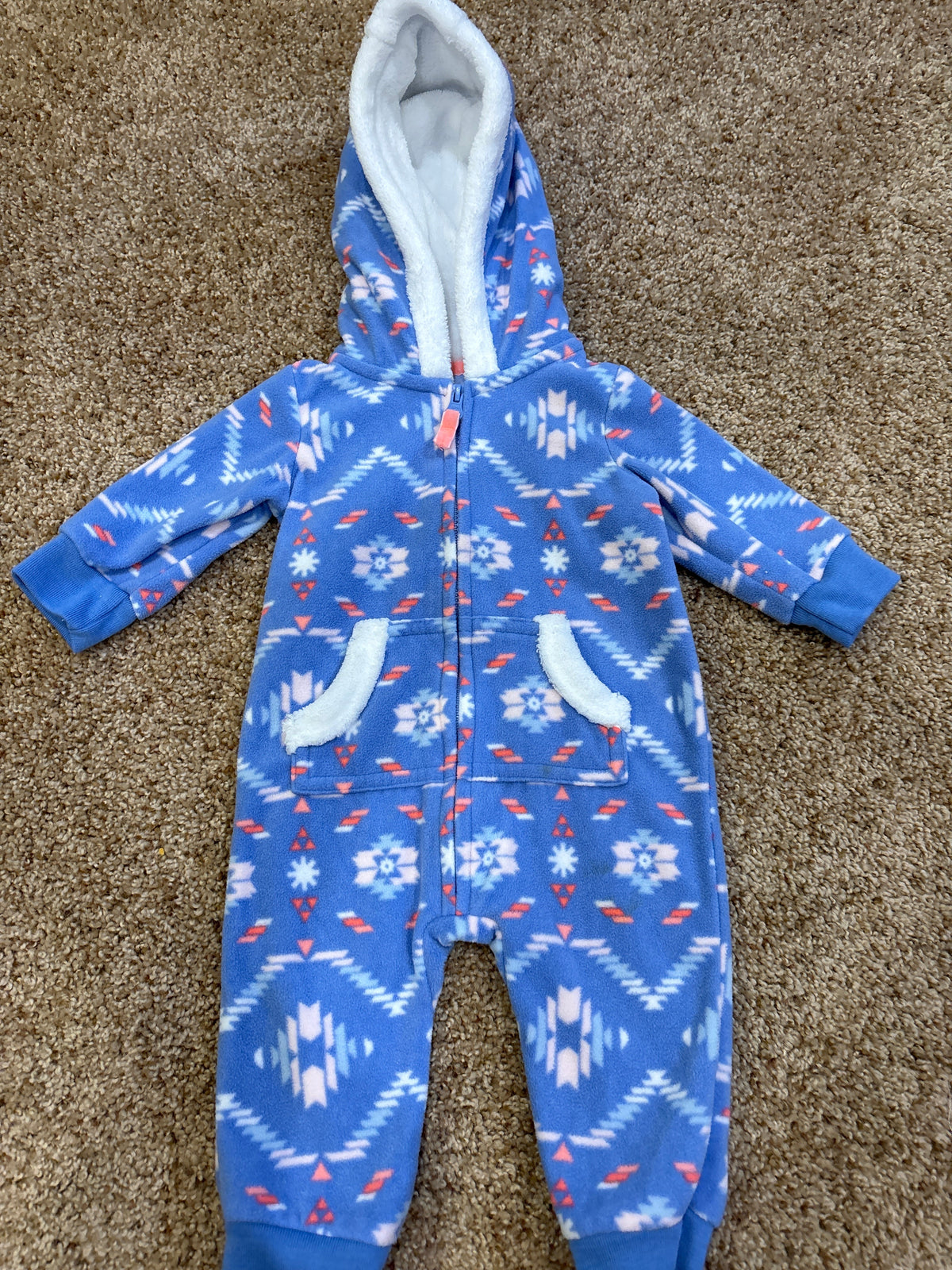 #47, girls Carter’s blue fleece hooded suit Size 3mo