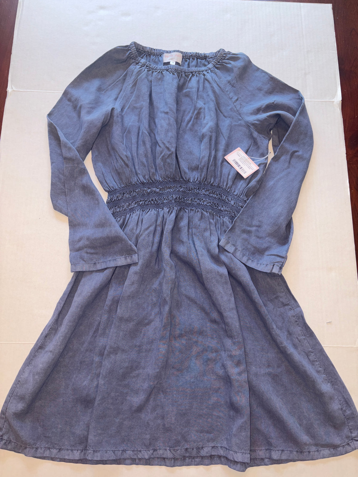 Seller 118 NWT Girls Bella Dahl Smocked Waist Raglan Sleeve Dress in blue. Size 14