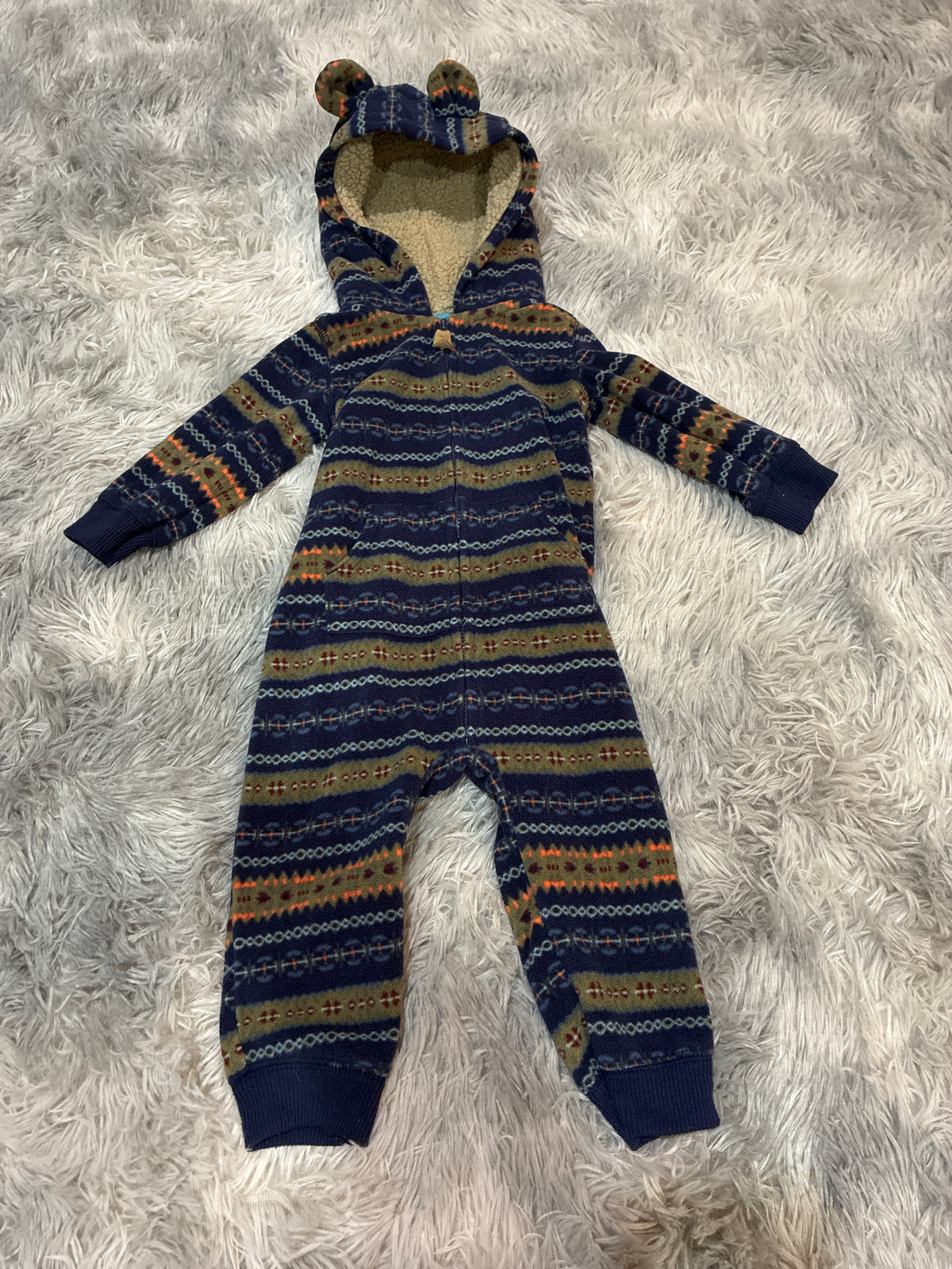 SCO46-fleece long sleeve hooded romper- boys-6-9 months