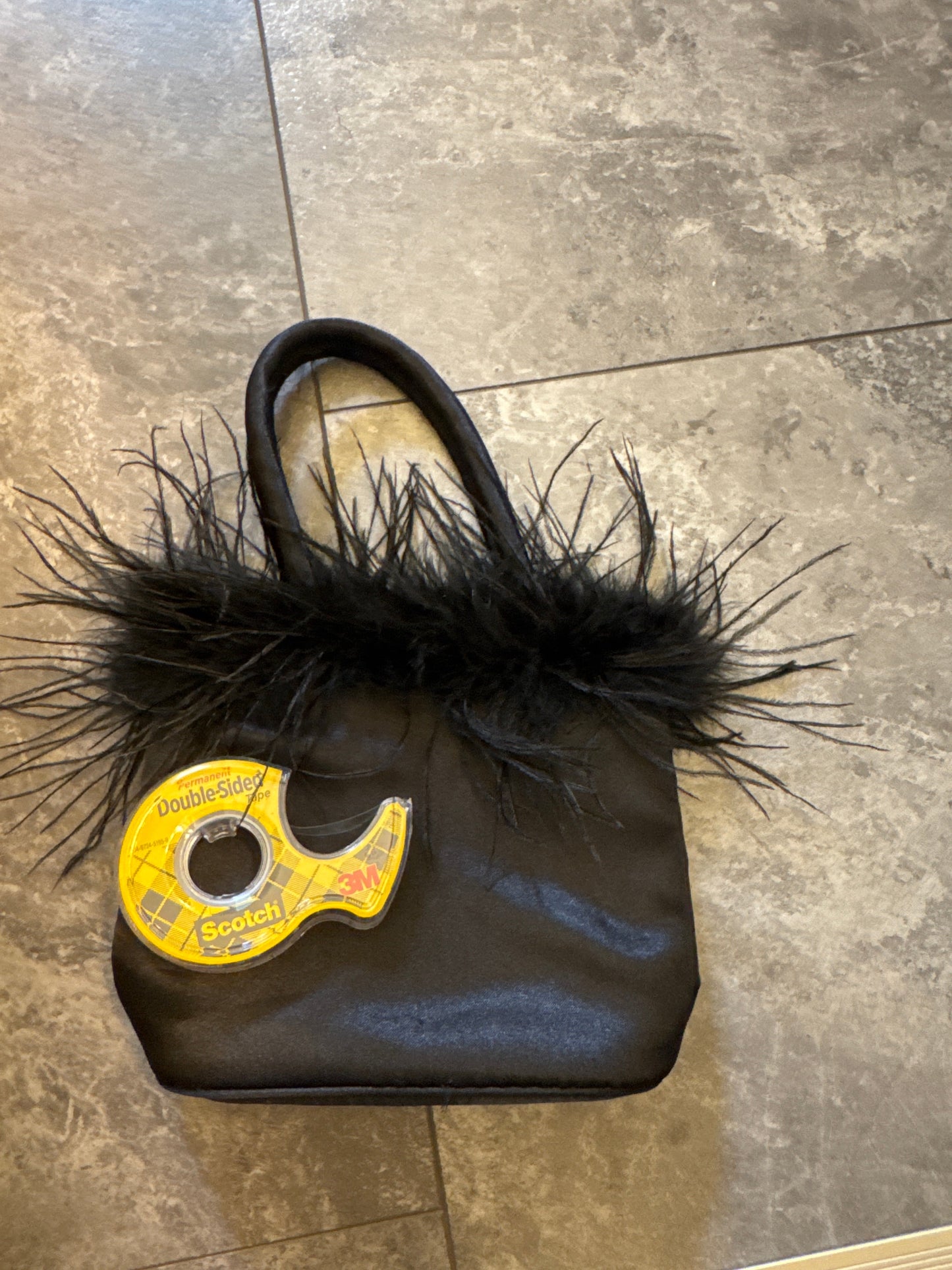 #149 black satin purse with feathers