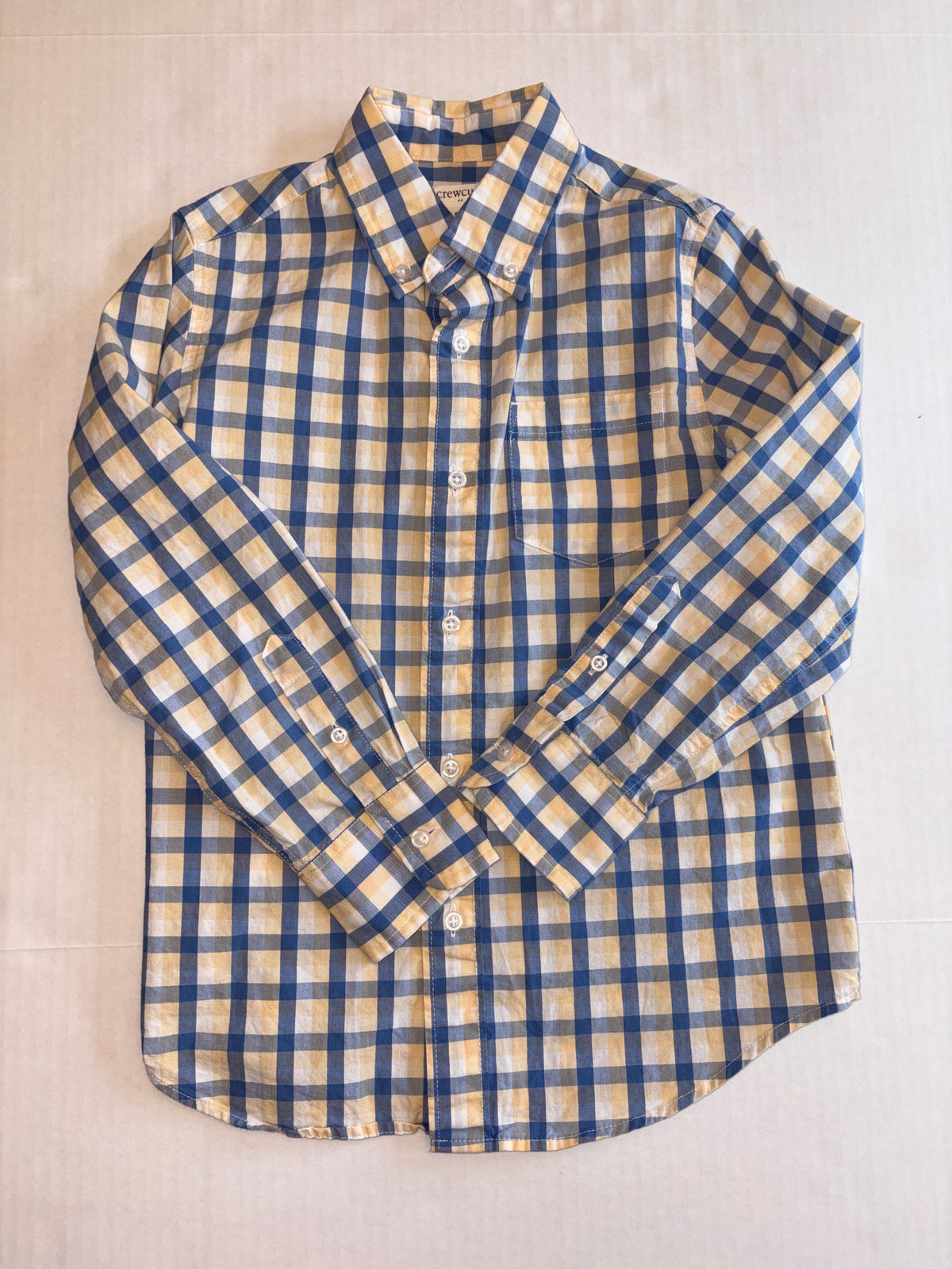 Seller 118 VGUC Boys Crewcuts Blue/White/Yellow Button Down. Size 6/7