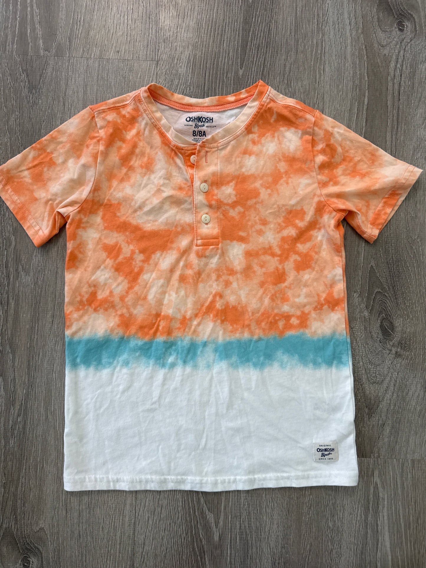 #149 reduced Boys 8 Oshkosh dipped orange and teal Henley shirt