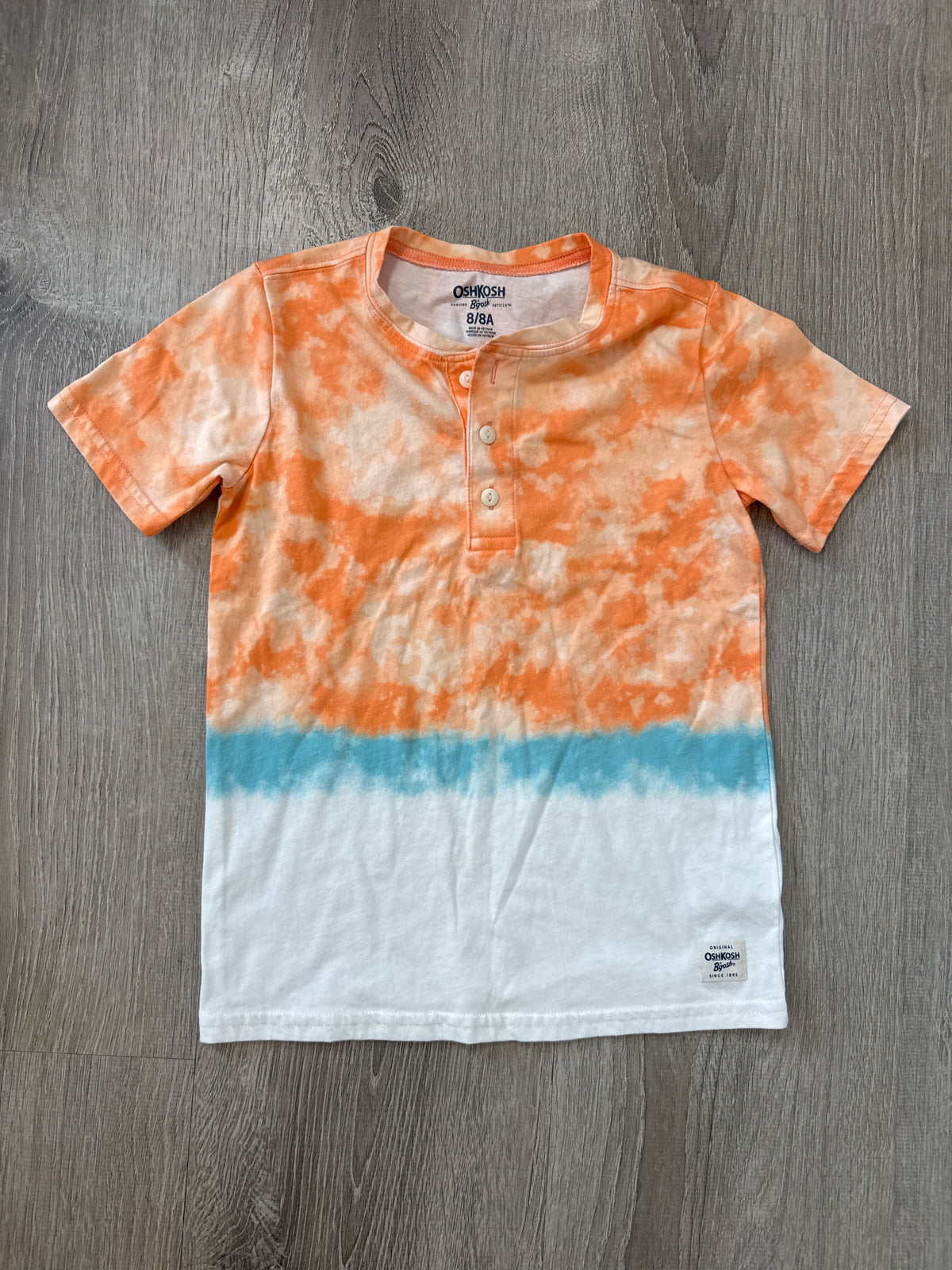 #149 Boys size 8 Oshkosh orange teal dip dyed henley