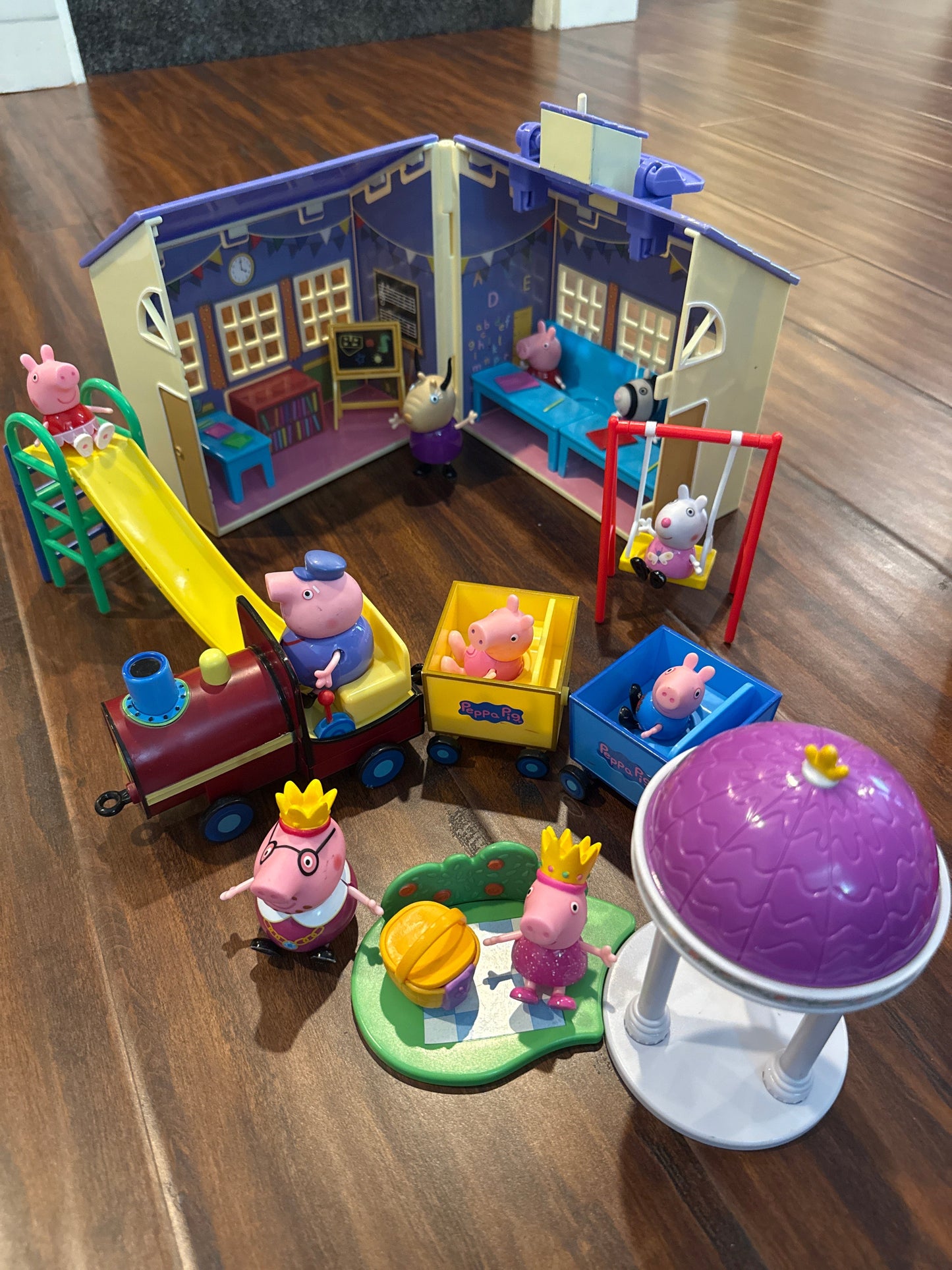 Seller #216 Peppa Pig school house, train, royal picnic and swing & slide