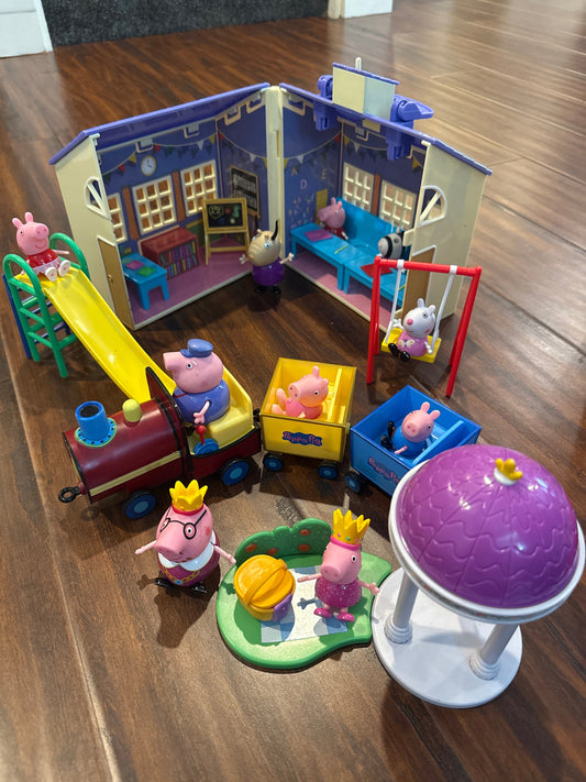 Seller #216 Peppa Pig school house, train, royal picnic and swing & slide