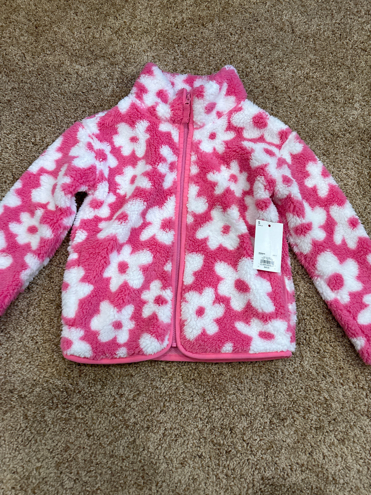 #47, girls 5T, Jumping Beans pink floral full-zip fleece sweatshirt, NEW with tags