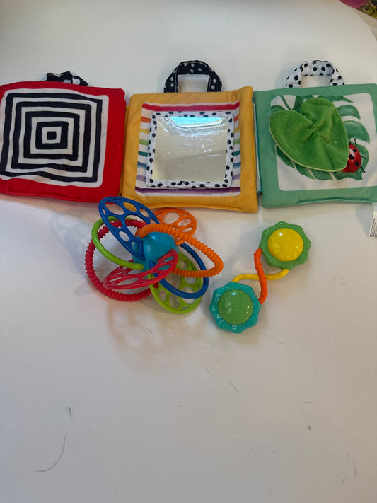 #170 baby toy bundle. Sassy tummy tiny toys, oball, bright starts rattle