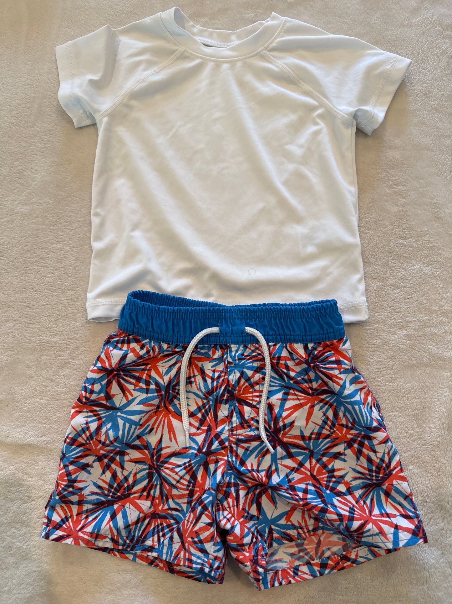 #46 Boys 2t swim shorts and top Fourth of July euc