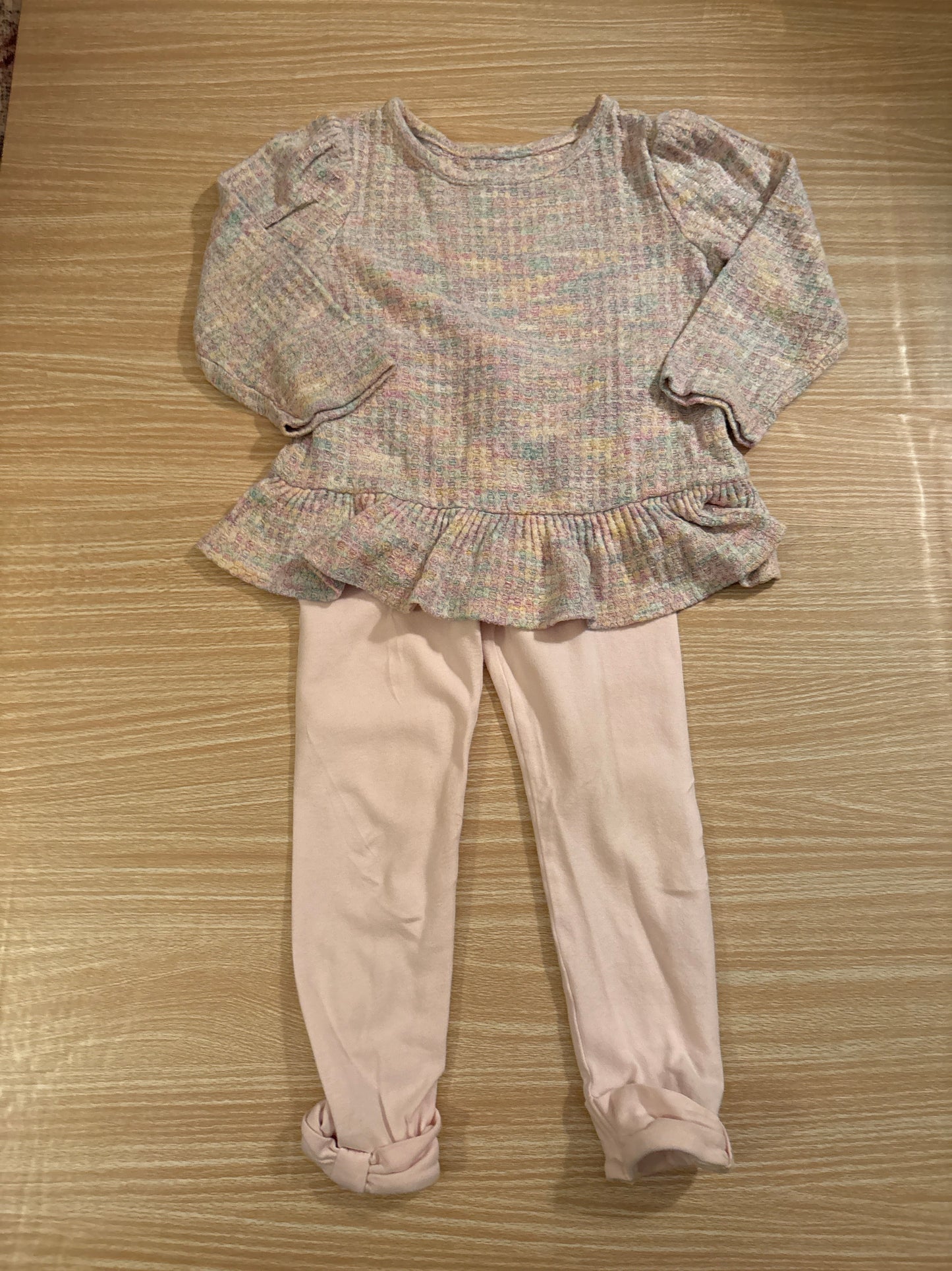 #102 Cat & Jack Light Pink Multicolor thermal peplum top & Janie & Jack Light Pink Leggings 2T