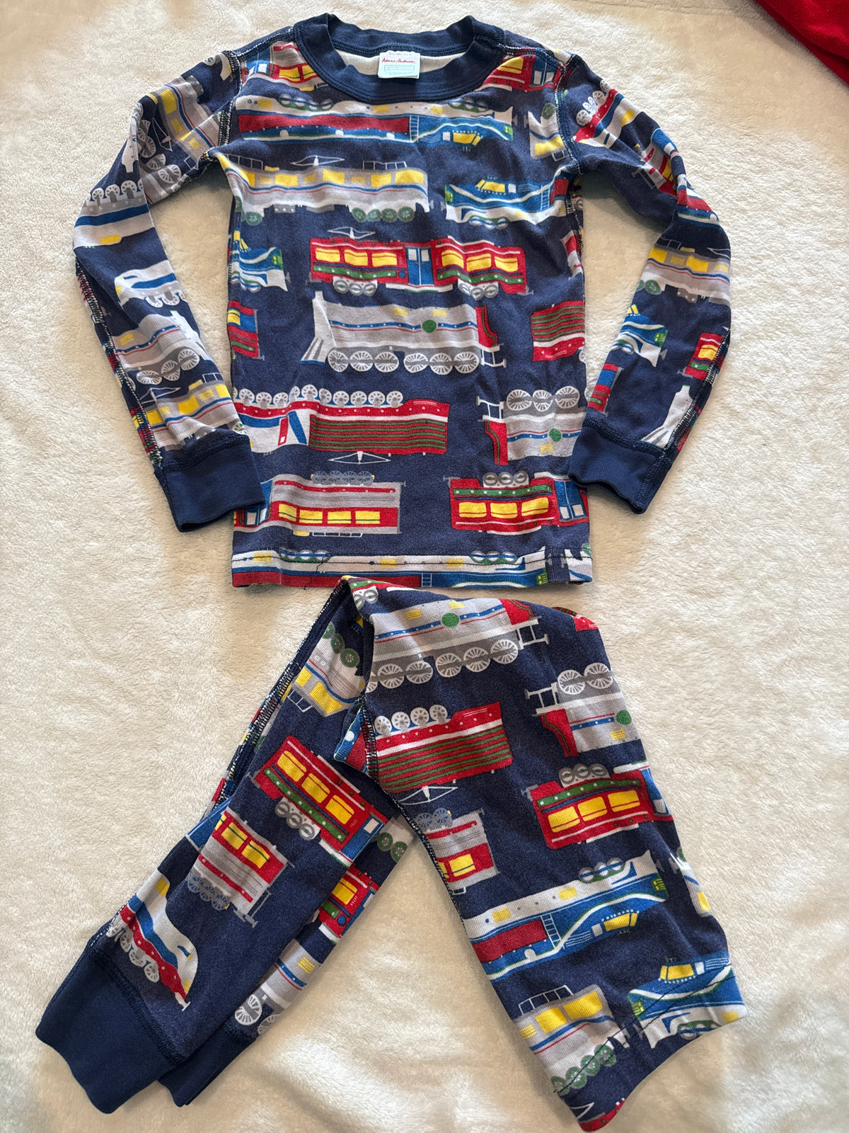 #81 Boys 5 110 Hanna Andersson train pjs slight wash fade but typical with this color