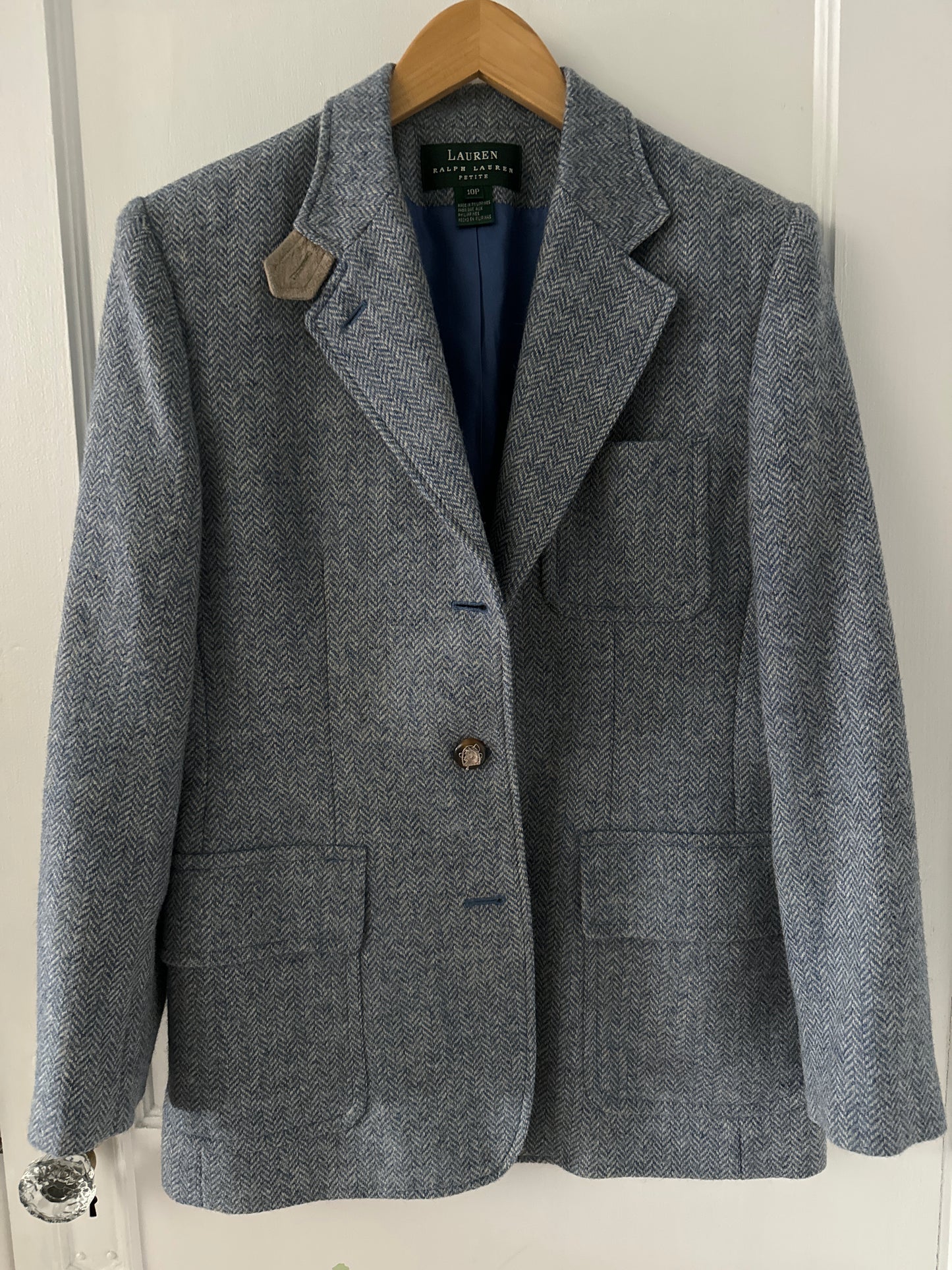 #88b Lauren Ralph Lauren Light Blue Tweed Blazer with Tan Suede Accents, Size 10P, Like New