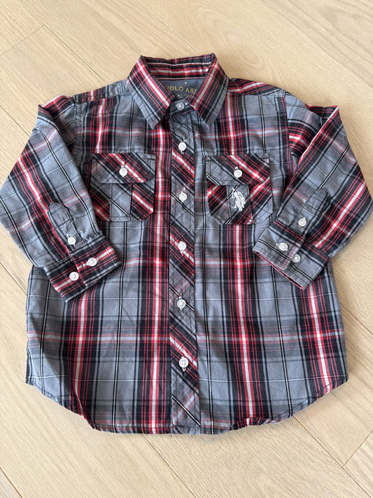 Seller #216 Boys Polo Assn red and grey plaid button down shirt, sz 3T EUC