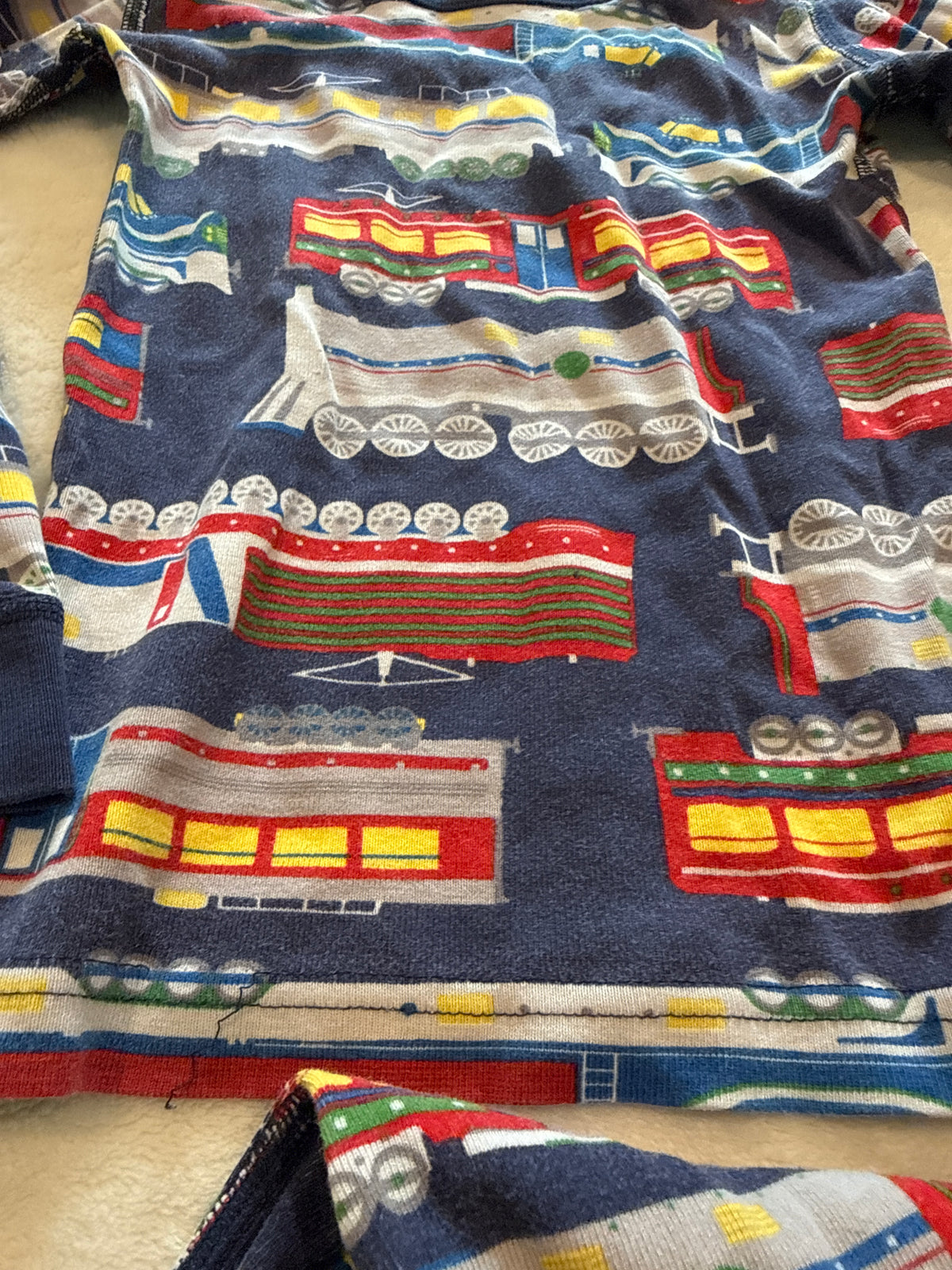 #81 Boys 5 110 Hanna Andersson train pjs slight wash fade but typical with this color