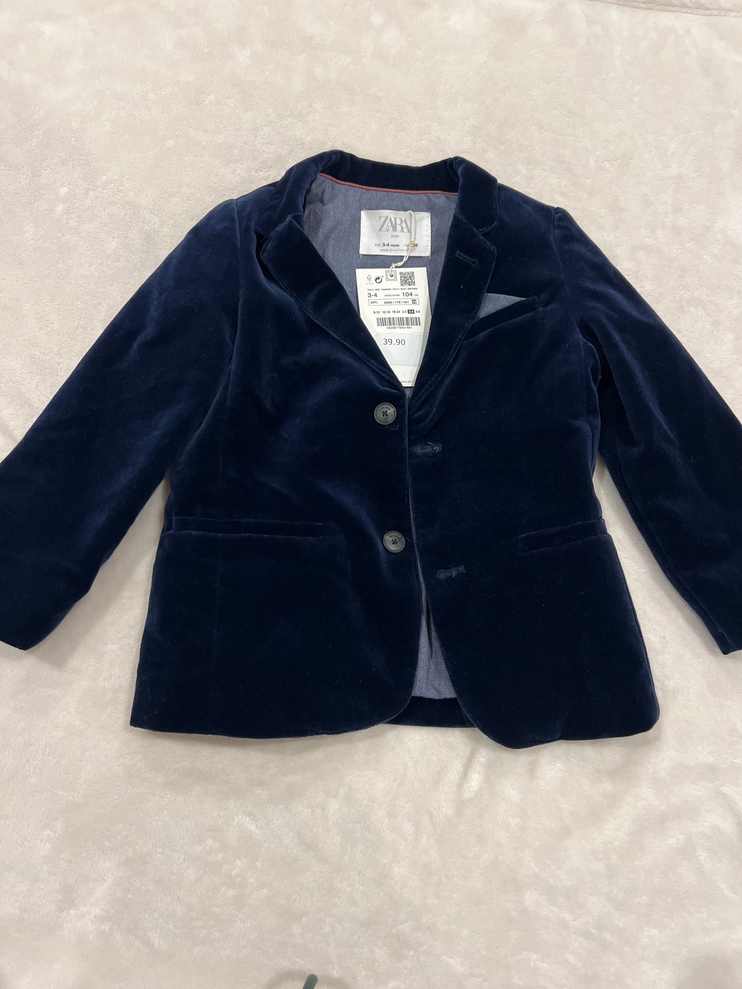 #92A Boys 3-4y Zara navy velvet blazer nwt