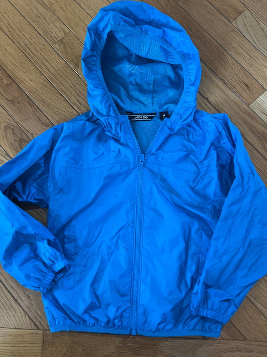 89A lands end m 5-6 blue rain jacket GUC for small marker spot