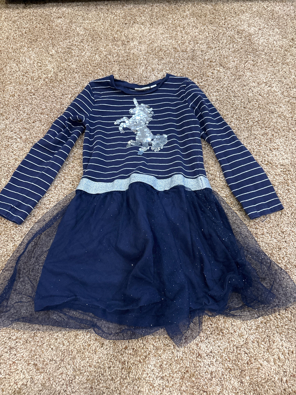 #47, girls 5T navy/turquoise striped unicorn twirl dress