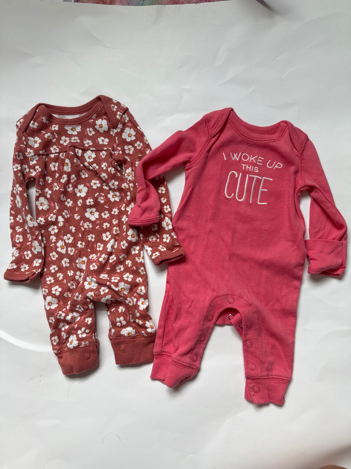 #170 Carters one piece outfit bundle (2) flowers and “I woke up this cute” girls newborn