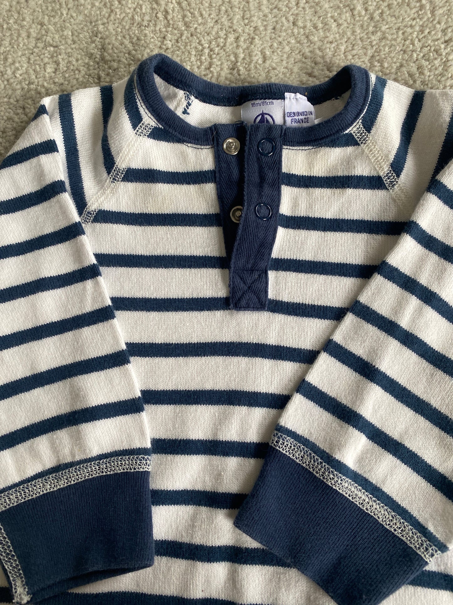 #36 Petit Bateau Striped Navy/white 18M Onesie