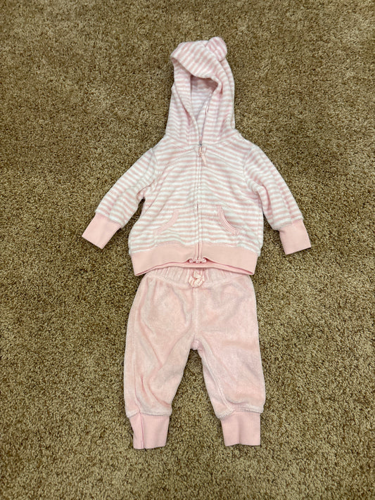 #47, girls 3mo, Carter’s pink and white hooded zip up sweatshirt and sweatpants