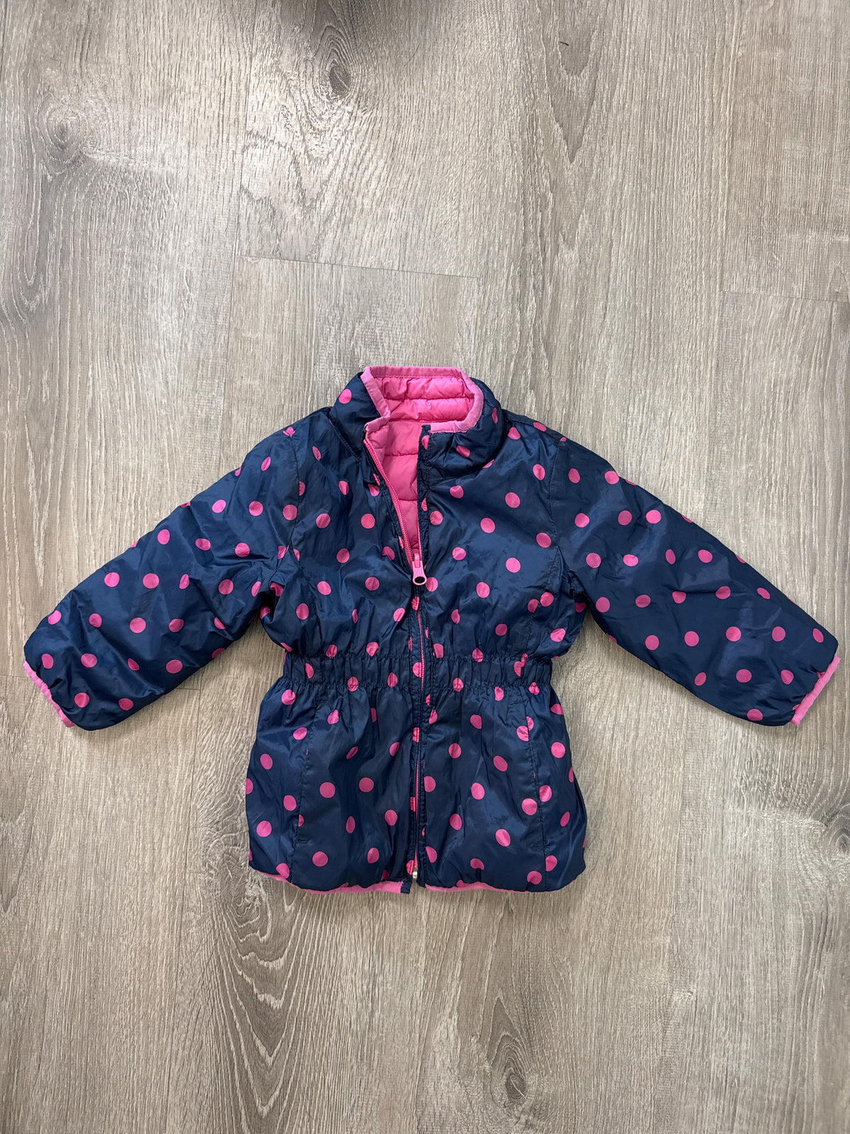 #149 Girls baby gap 2 reversible pink and navy polka dot jacket
