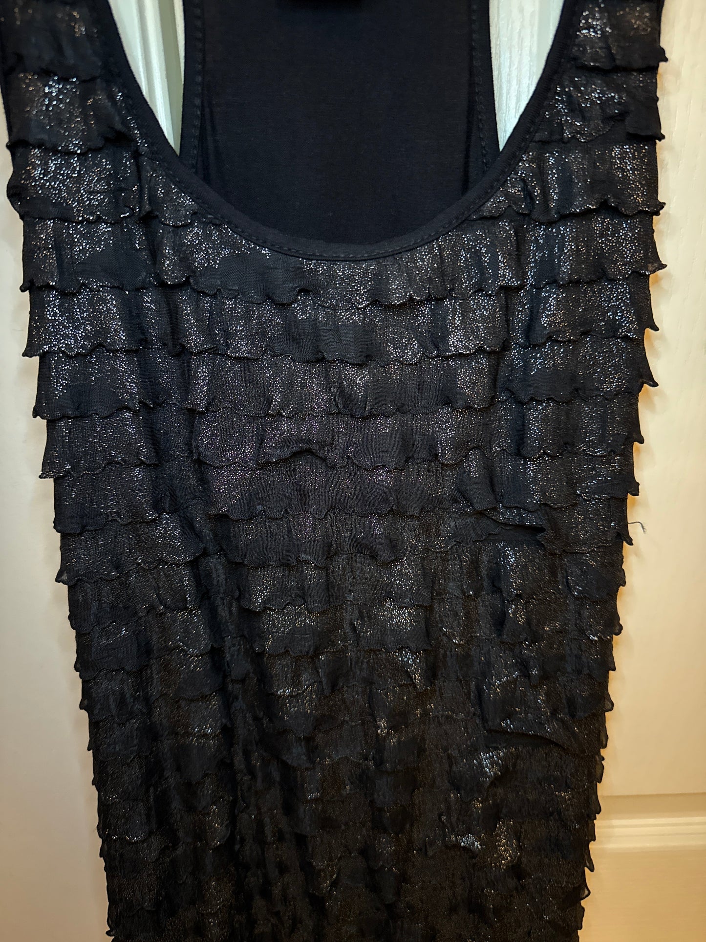 Seller #216, Women’s black tank with gold shimmery ruffles, small NWT