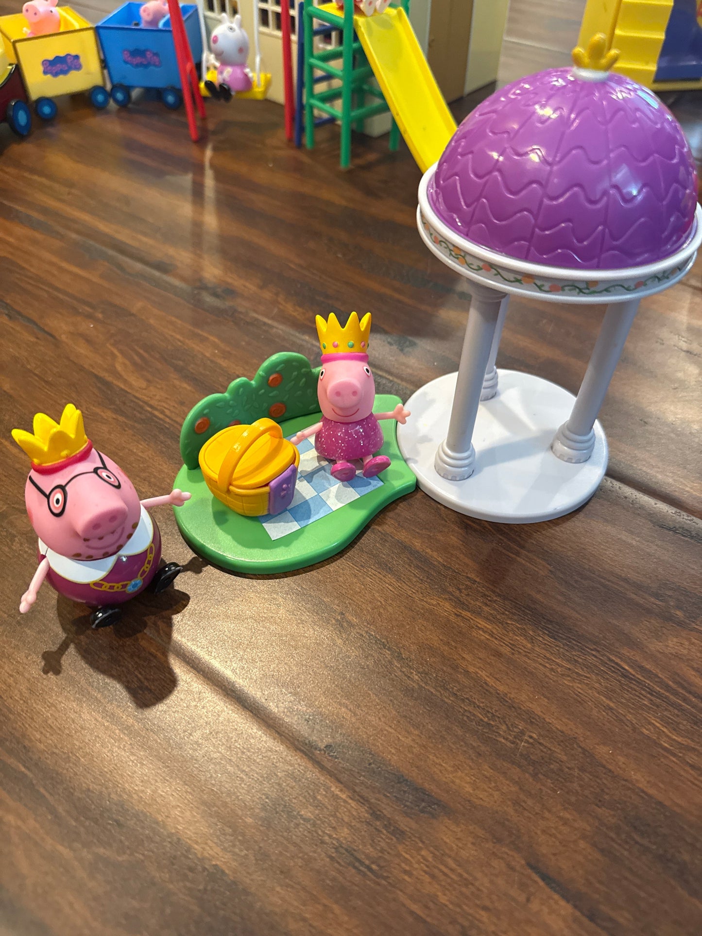 Seller #216 Peppa Pig school house, train, royal picnic and swing & slide
