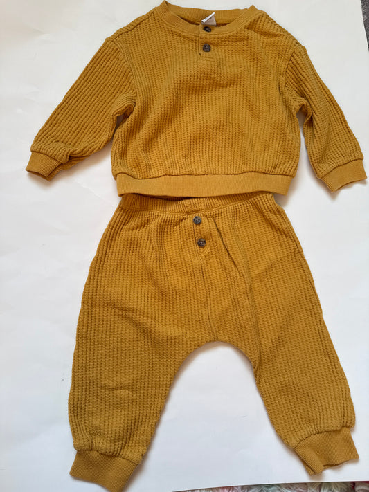 #170 Old Navy mustard yellow two  piece waffle material outfit gender neutral 12-18 months