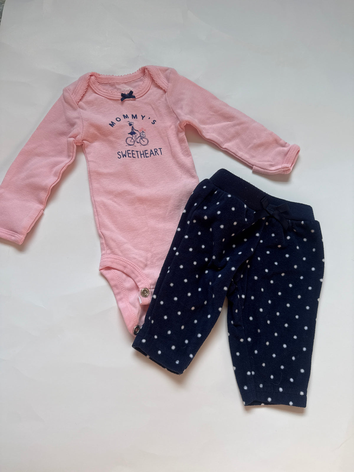 #170 Carters mommy’s sweetheart pink body suit with fleece navy polka dot pants girls newborn