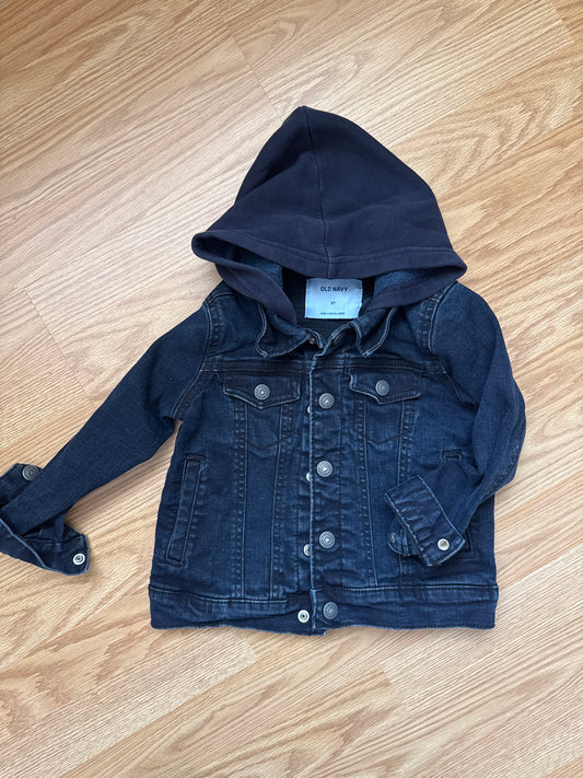 #87 Old navy 3t boys/girls dark wash denim hooded jacket with snap closure VGUC