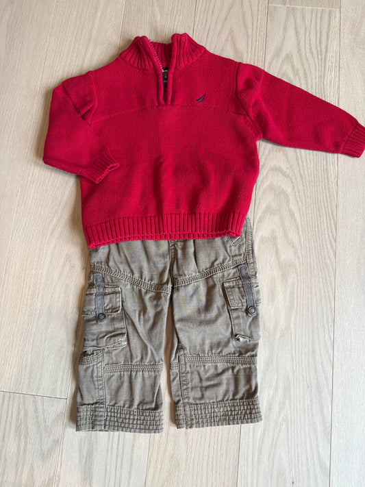 Seller #216 Boys red Nautica sweater and army green pants outfit, 12 months