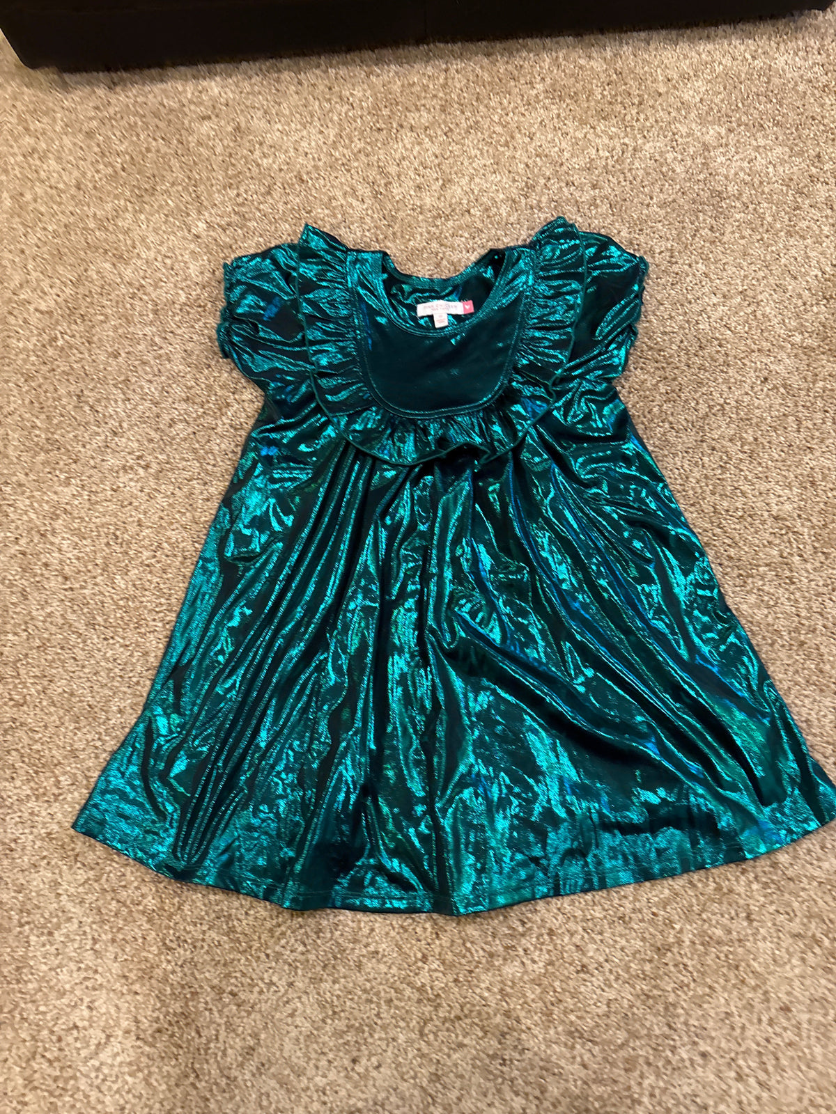 #47, girls 5T,amazing holiday dress, green shiny material, Pink Chicken