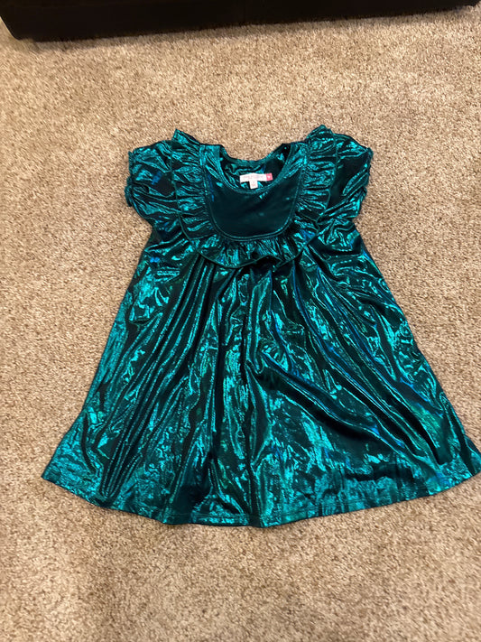 #47, girls 5T,amazing holiday dress, green shiny material, Pink Chicken