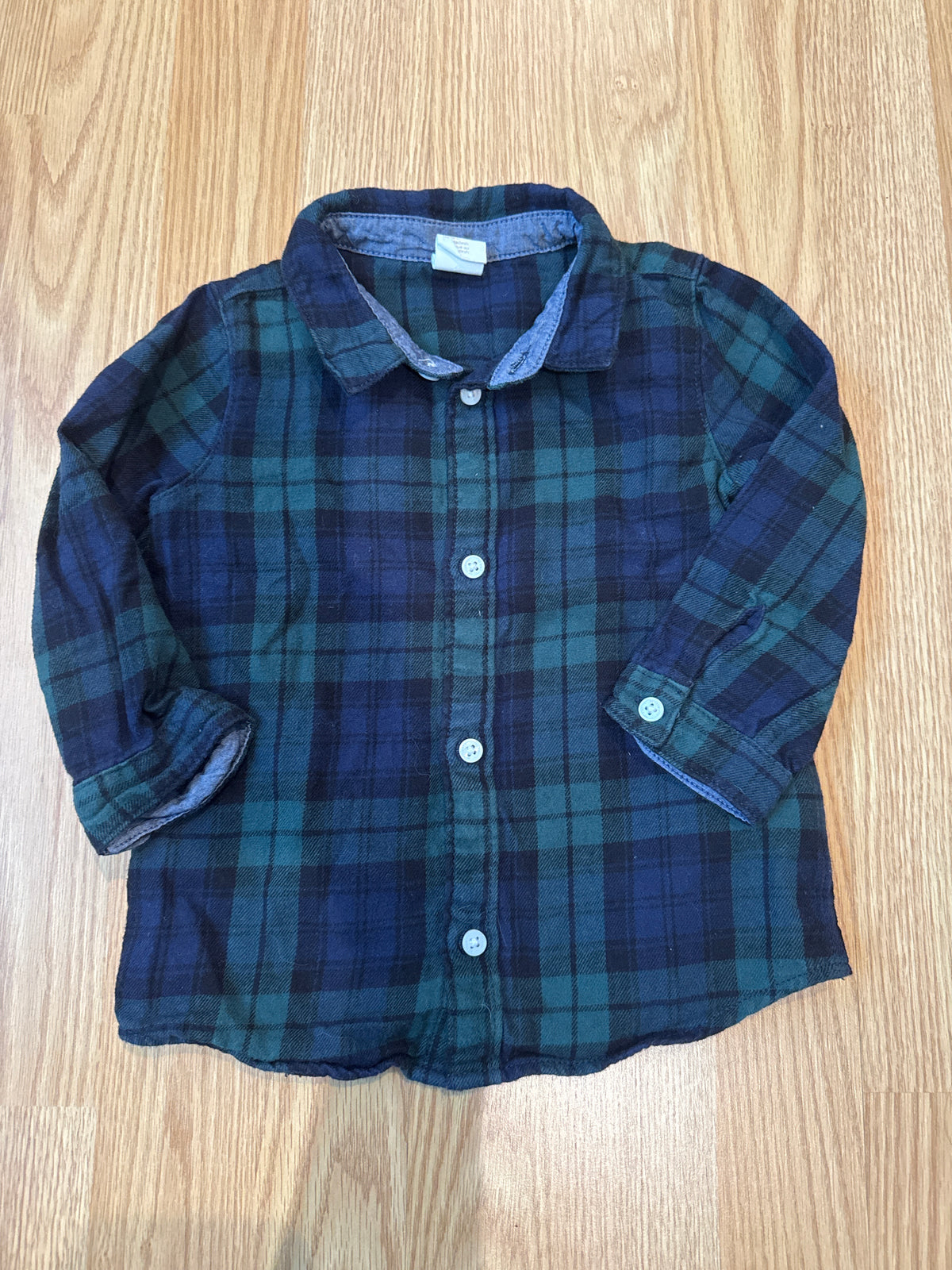 #87 H&M boys 12 month blue and green button down flannel VGUC
