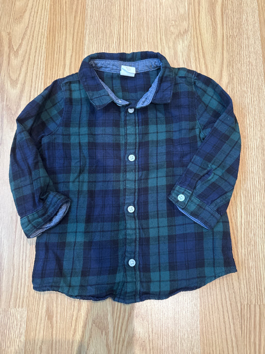#87 H&M boys 12 month blue and green button down flannel VGUC