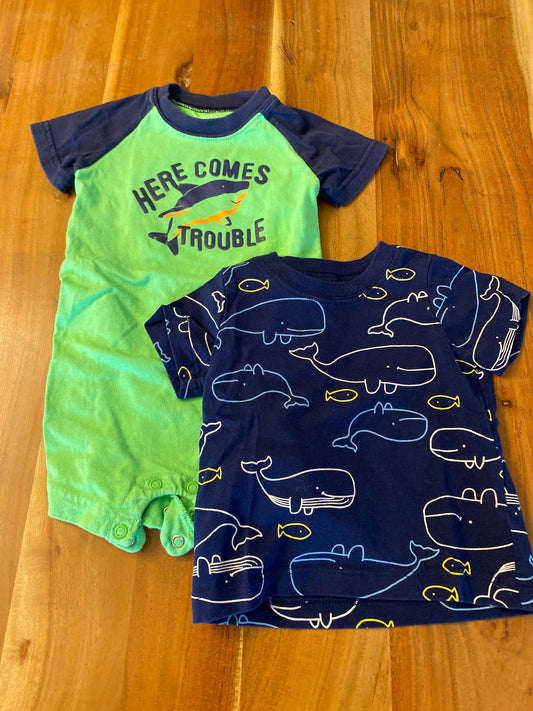 #14-boys 6-9 months shirt and romper