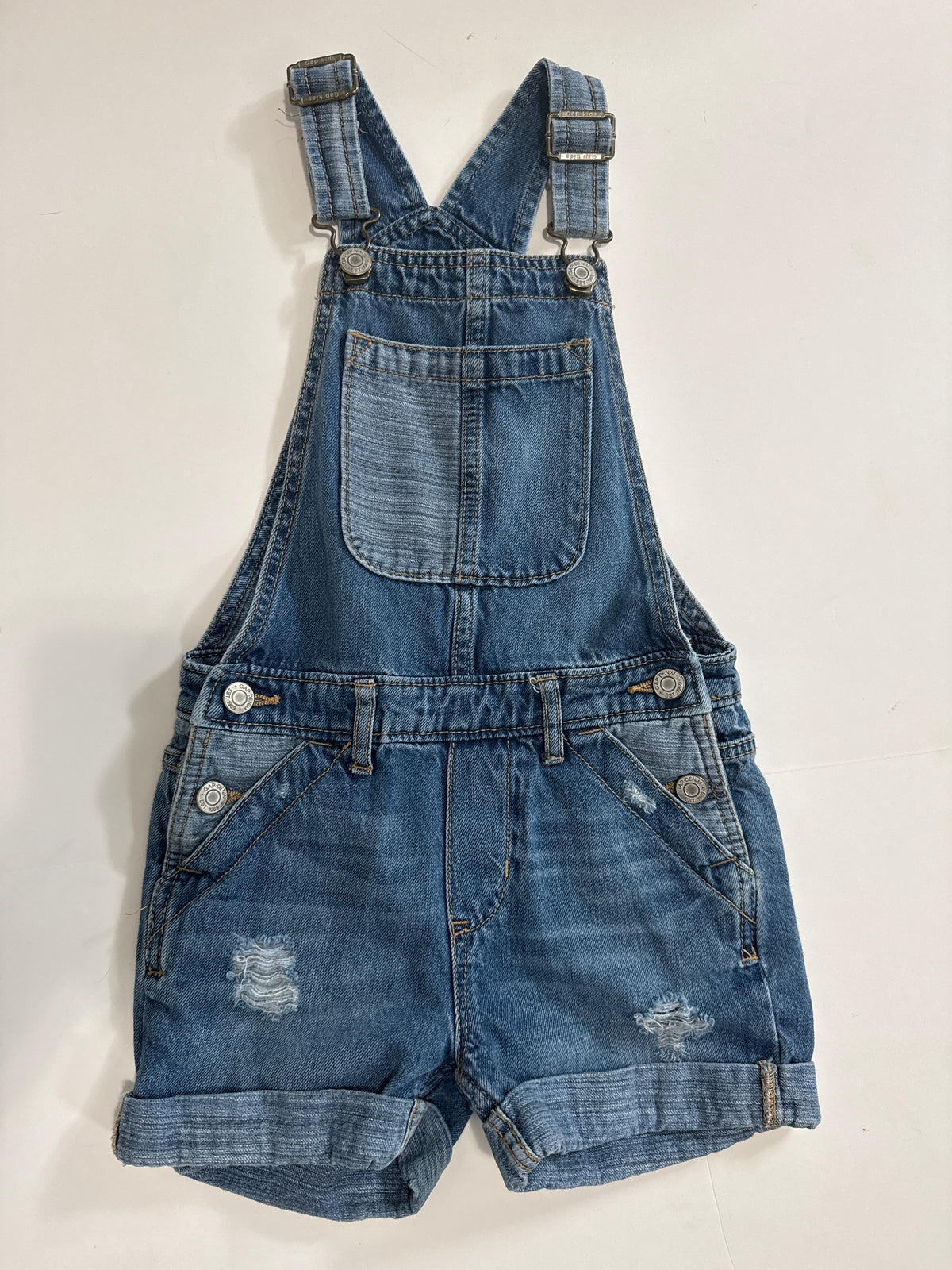 #64 Gap Distressed Patch Overall Shorts Size S