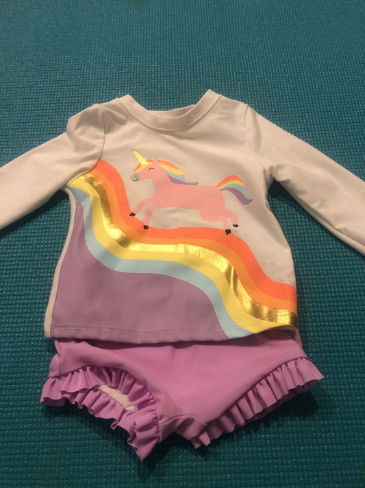 12m two piece swimsuit-Unicorn Rash Guard & purple bottoms