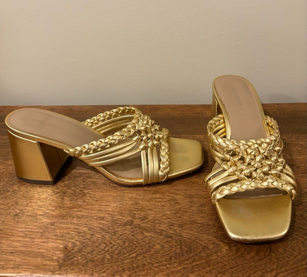 Ann Taylor Ximena Braided Leather Block Heel Mules in Gold - Women's Size 7