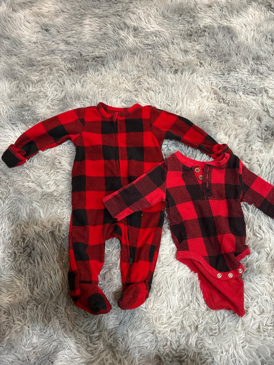 SCO46-buffalo plaid Jammie’s and long sleeve onesie-0-3 months