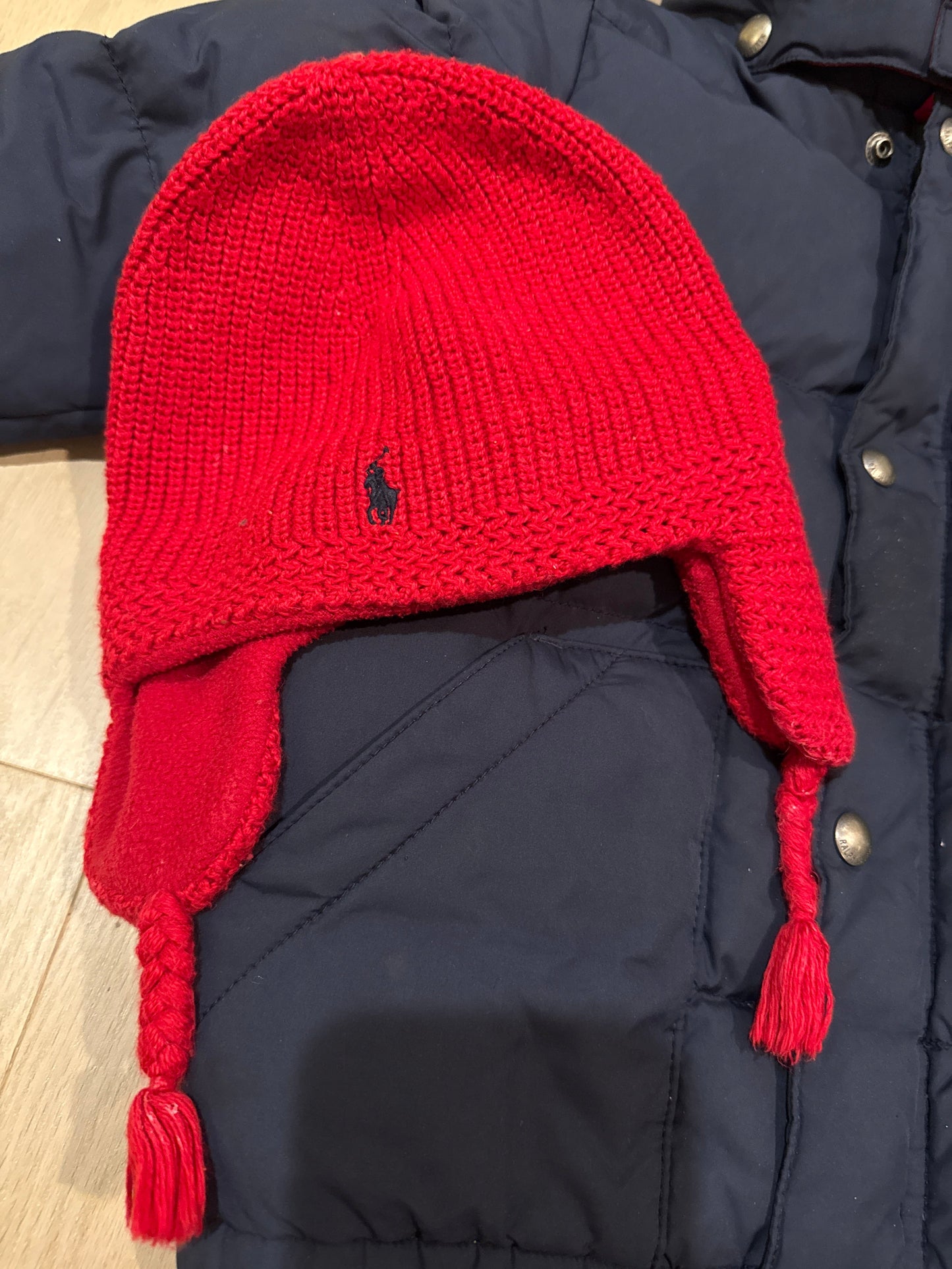 Seller #216 Boys Polo Ralph Lauren navy heavy down winter coat with red hat, sz 4T EUC